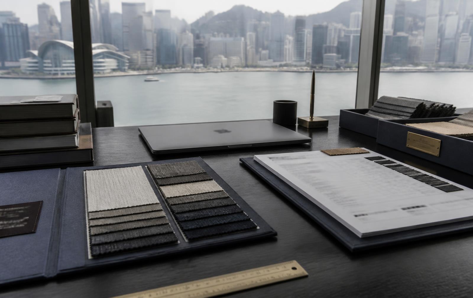 Swatch books and specification sheets on a desk overlooking Victoria Harbour