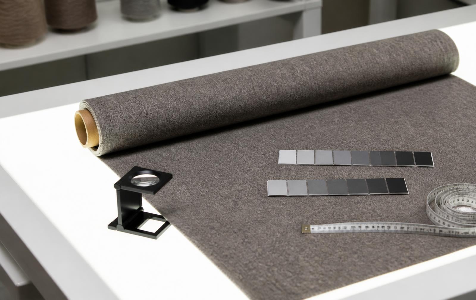 Fabric roll on an inspection light table with colour fastness grey scale cards